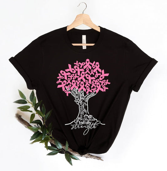 T-shirt Arbre au Ruban Rose, T-shirt Arbre contre le Cancer, T-shirt Combattante contre le Cancer du Sein, T-shirt Sensibilisation au Cancer du Sein, T-shirt et Sweat à Capuche Ruban Rose Sensibilisation au Cancer du Sein 0924