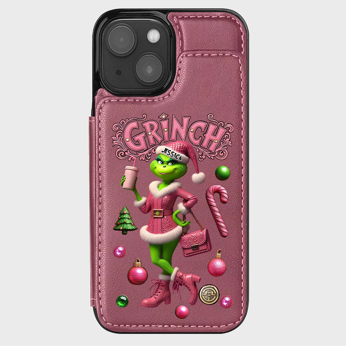 Joyeux Grinchmas - Étui portefeuille/téléphone personnalisé avec étole de Noël