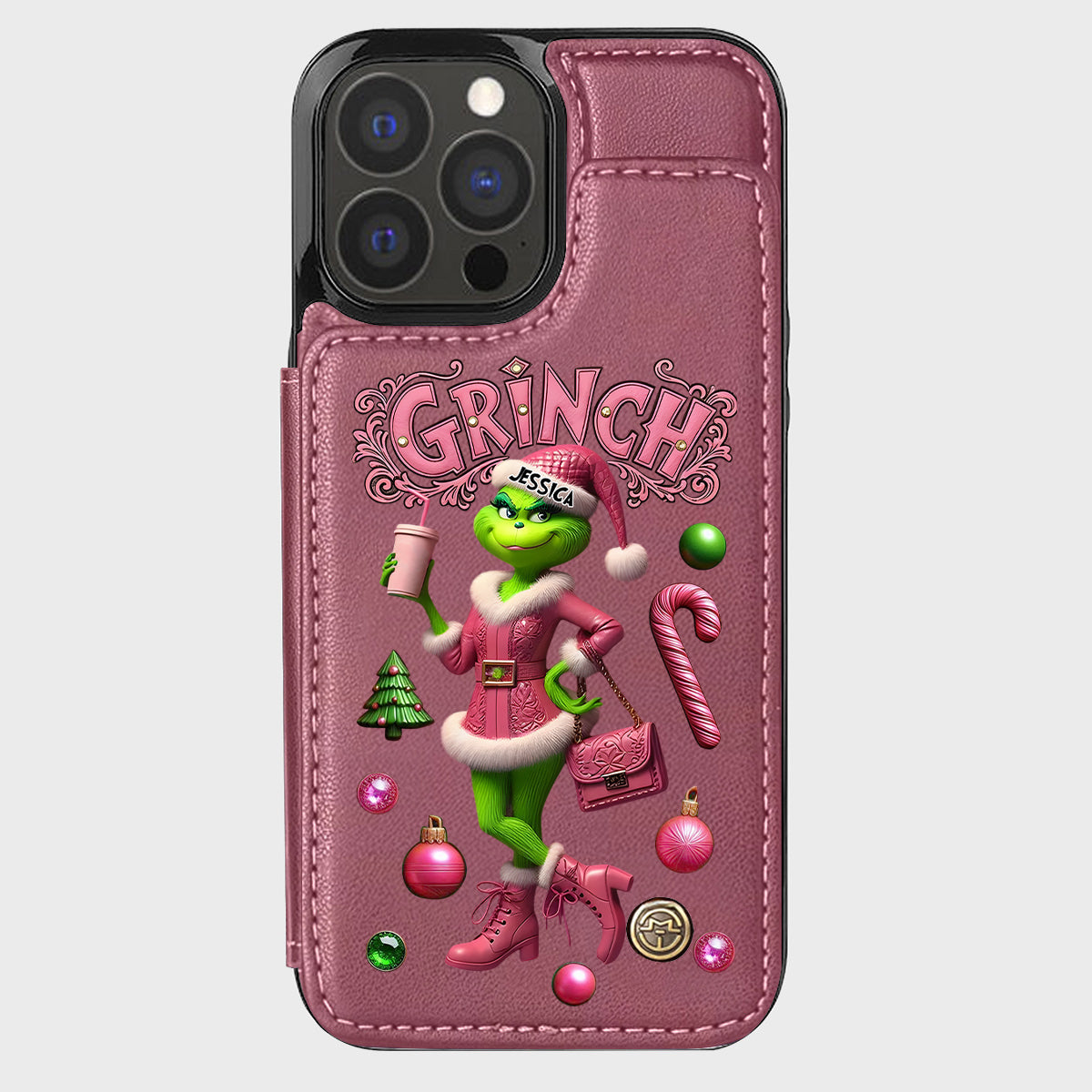 Joyeux Grinchmas - Étui portefeuille/téléphone personnalisé avec étole de Noël