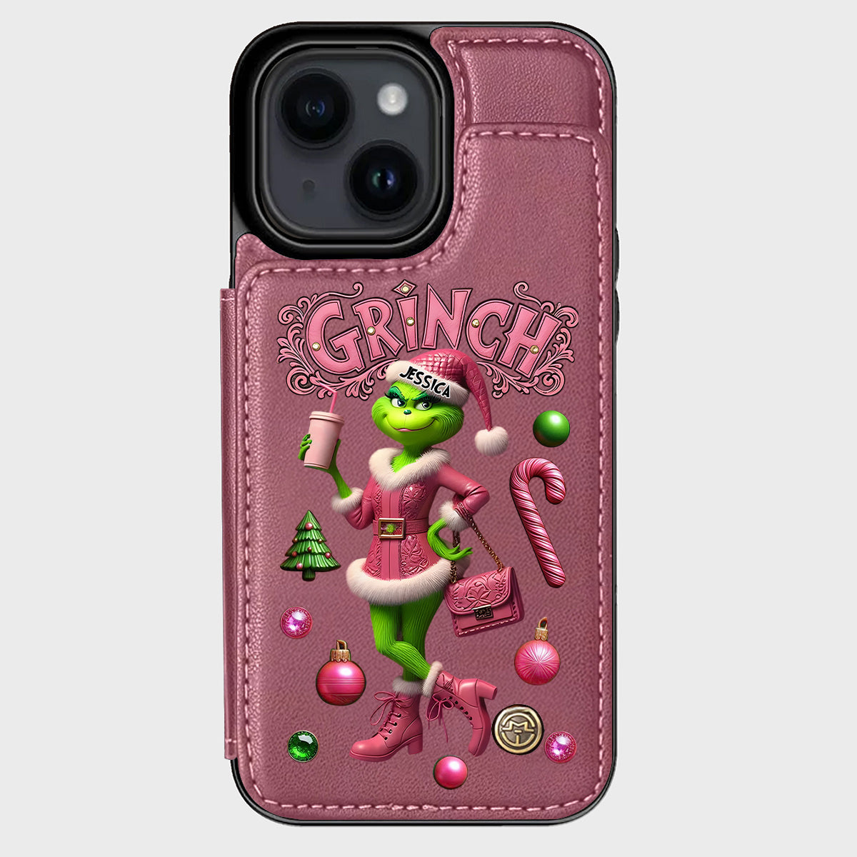 Joyeux Grinchmas - Étui portefeuille/téléphone personnalisé avec étole de Noël
