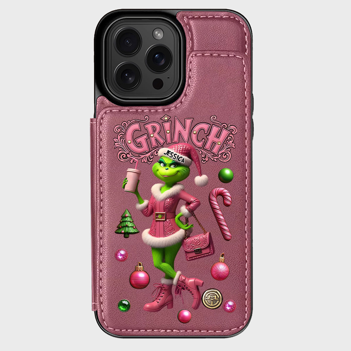 Joyeux Grinchmas - Étui portefeuille/téléphone personnalisé avec étole de Noël