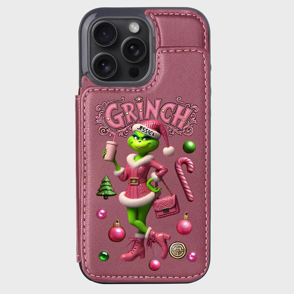 Joyeux Grinchmas - Étui portefeuille/téléphone personnalisé avec étole de Noël